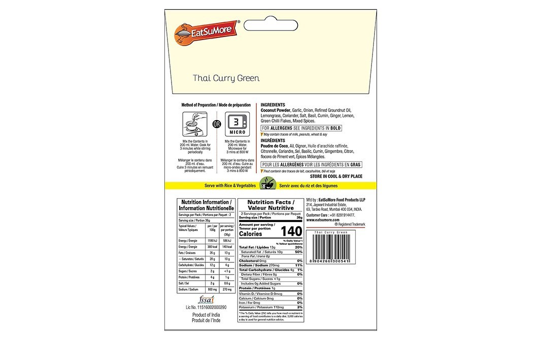 EatSuMore Thai Curry Green    Pack  72 grams
